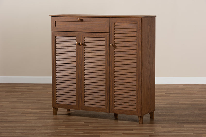 Theo Modern and Contemporary Walnut Finished 11-Shelf Wood Shoe Storage Cabinet w/Drawer