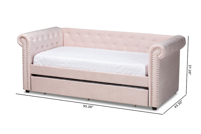 Vance Modern and Contemporary Light Pink Velvet Upholstered Daybed w/Trundle