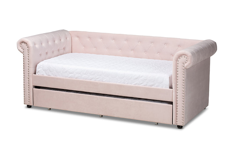 Vance Modern and Contemporary Light Pink Velvet Upholstered Daybed w/Trundle