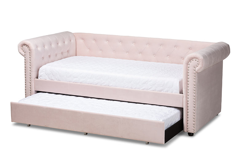 Vance Modern and Contemporary Light Pink Velvet Upholstered Daybed w/Trundle