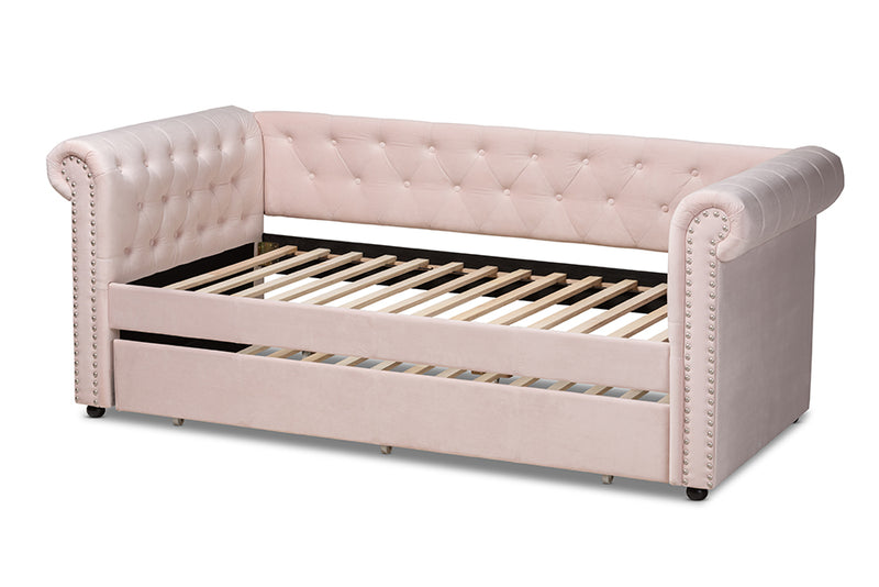 Vance Modern and Contemporary Light Pink Velvet Upholstered Daybed w/Trundle