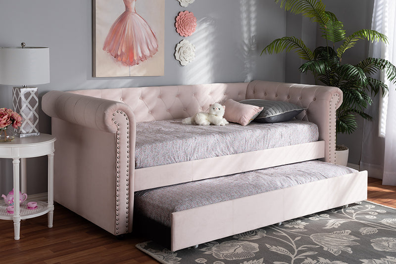 Vance Modern and Contemporary Light Pink Velvet Upholstered Daybed w/Trundle