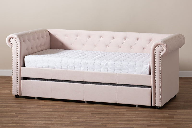 Vance Modern and Contemporary Light Pink Velvet Upholstered Daybed w/Trundle