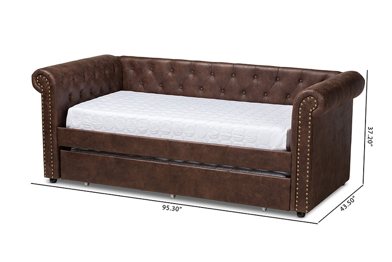 Vance Modern and Contemporary Brown Faux Leather Upholstered Daybed w/Trundle