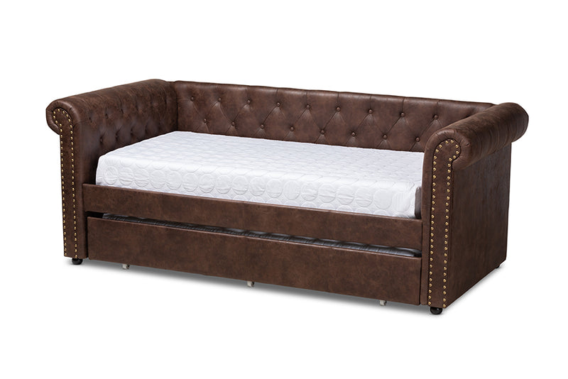 Vance Modern and Contemporary Brown Faux Leather Upholstered Daybed w/Trundle