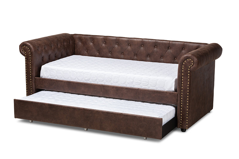 Vance Modern and Contemporary Brown Faux Leather Upholstered Daybed w/Trundle