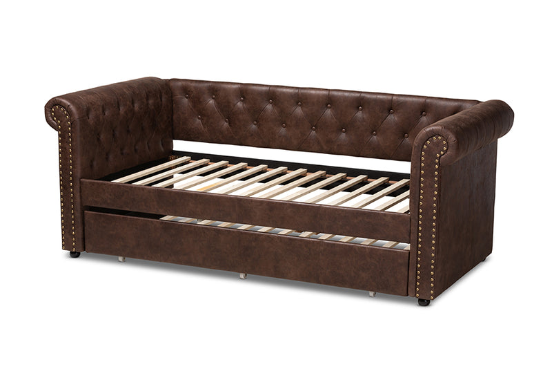 Vance Modern and Contemporary Brown Faux Leather Upholstered Daybed w/Trundle