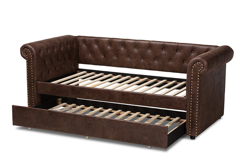 Vance Modern and Contemporary Brown Faux Leather Upholstered Daybed w/Trundle