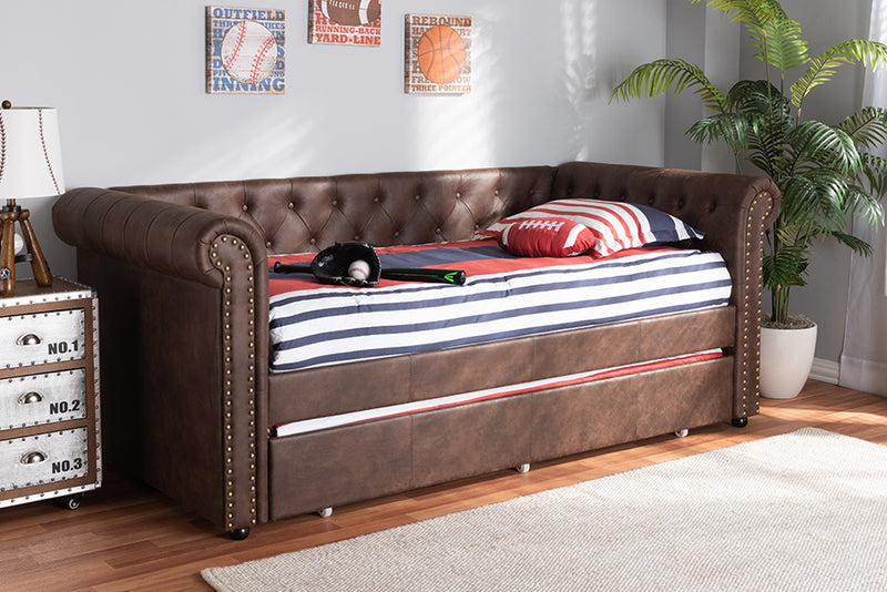 Vance Modern and Contemporary Brown Faux Leather Upholstered Daybed w/Trundle