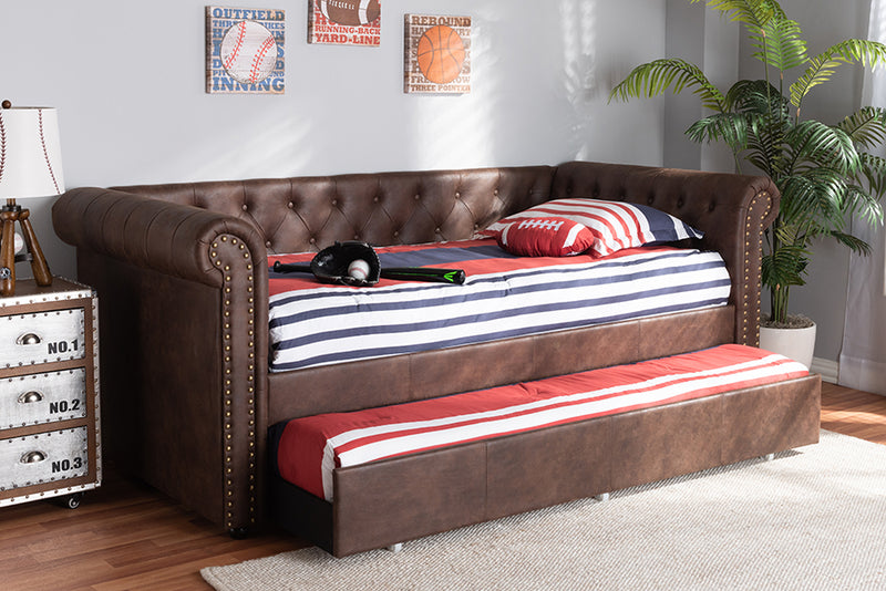 Vance Modern and Contemporary Brown Faux Leather Upholstered Daybed w/Trundle