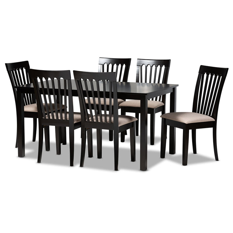 Athena Sand Fabric Upholstered Espresso Brown 7-Piece Dining Set Baxton