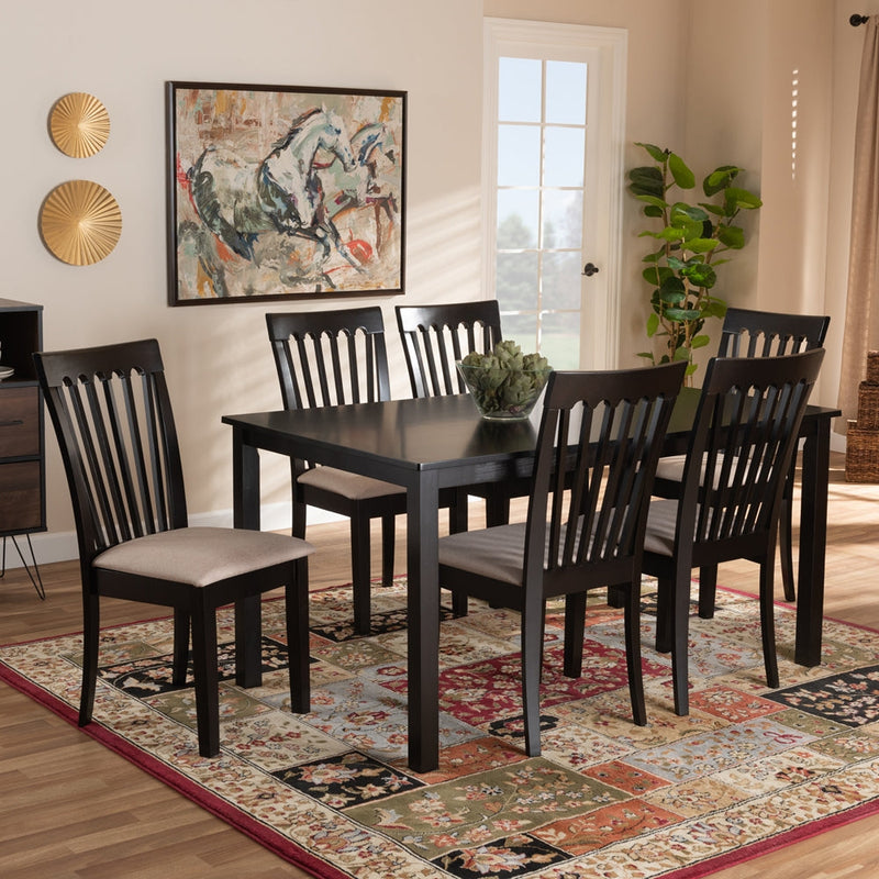 Athena Sand Fabric Upholstered Espresso Brown 7-Piece Dining Set Baxton