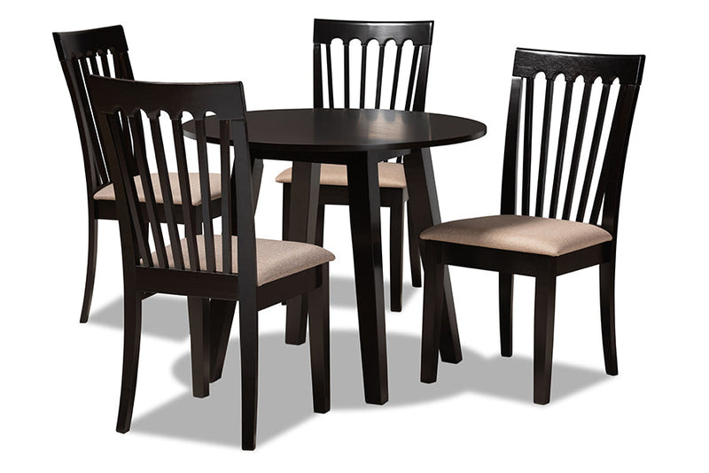 Harena Sand Fabric Upholstered and Dark Brown 5-Piece Dining Set Baxton