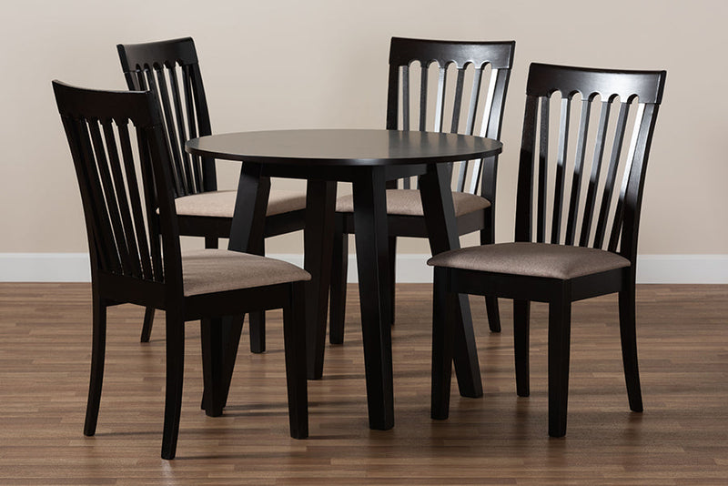 Harena Sand Fabric Upholstered and Dark Brown 5-Piece Dining Set Baxton