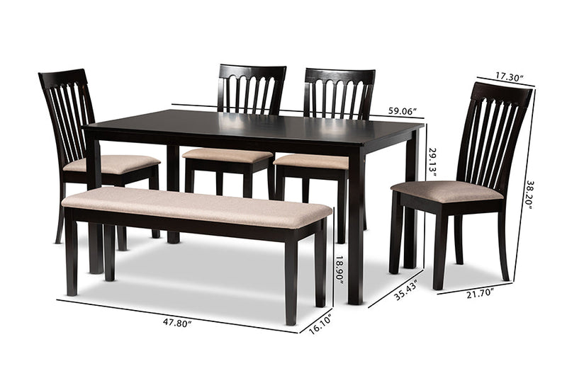 Athena Sand Fabric Upholstered and Dark Brown 6-Piece Dining Set Baxton