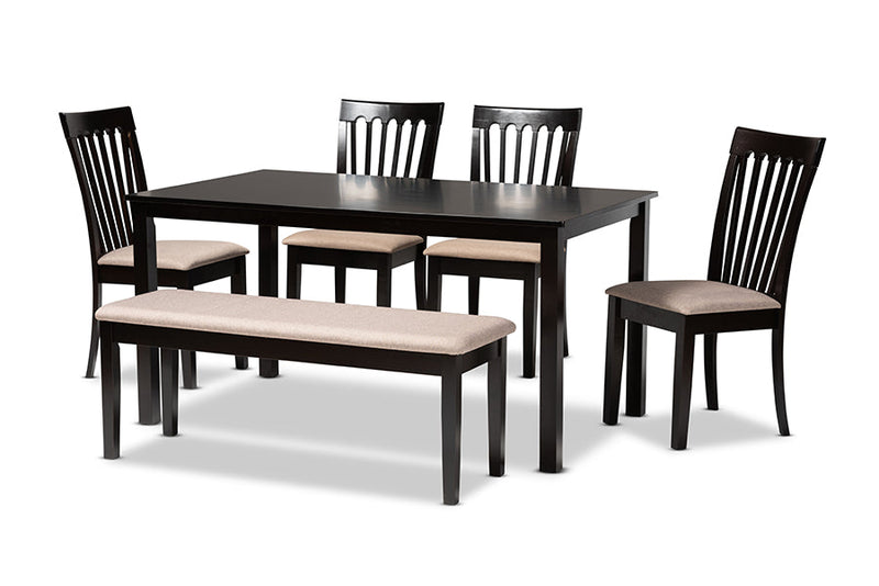 Athena Sand Fabric Upholstered and Dark Brown 6-Piece Dining Set Baxton