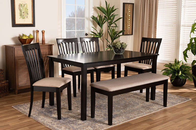 Athena Sand Fabric Upholstered and Dark Brown 6-Piece Dining Set Baxton