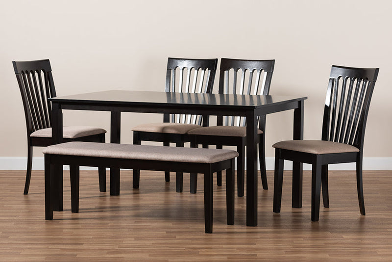 Athena Sand Fabric Upholstered and Dark Brown 6-Piece Dining Set Baxton