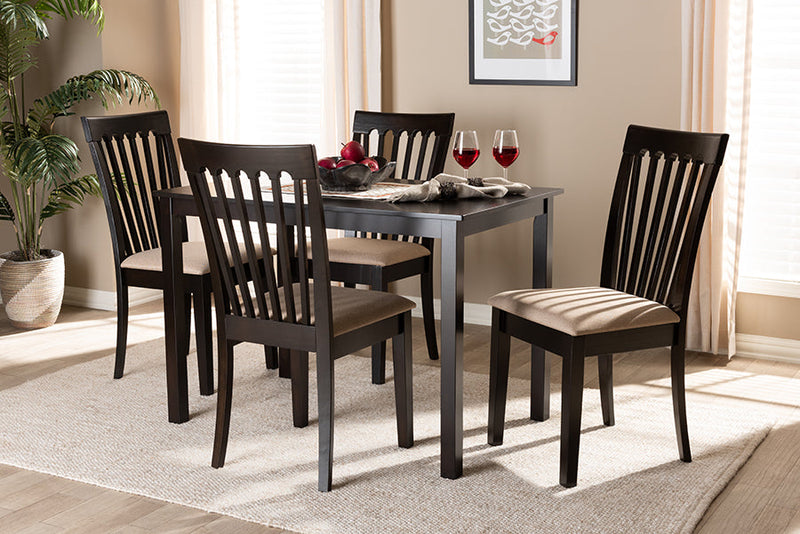 Athena Sand Fabric Upholstered Espresso Brown 5-Piece Dining Set Baxton