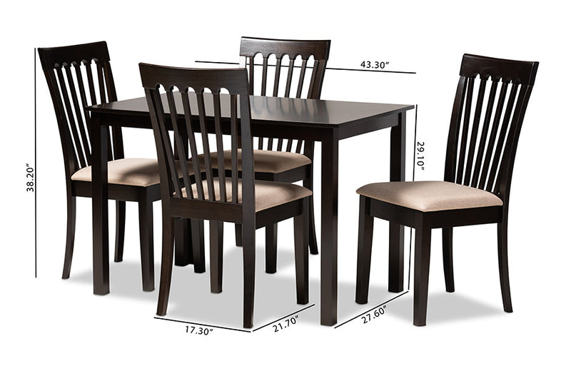 Athena Sand Fabric Upholstered Espresso Brown 5-Piece Dining Set Baxton