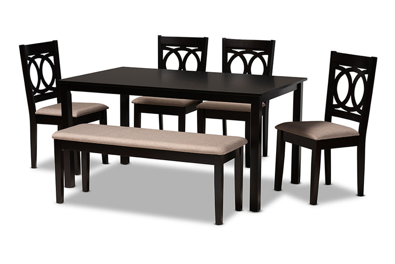 Alessa Modern and Contemporary Sand Fabric Upholstered and Dark Brown Finished Wood 6-Piece Dining Set