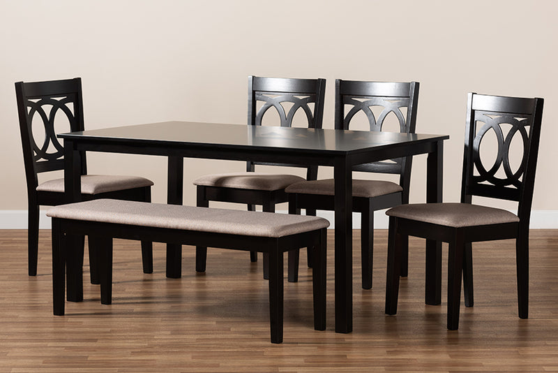 Alessa Modern and Contemporary Sand Fabric Upholstered and Dark Brown Finished Wood 6-Piece Dining Set