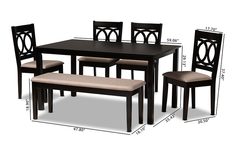 Alessa Modern and Contemporary Sand Fabric Upholstered and Dark Brown Finished Wood 6-Piece Dining Set