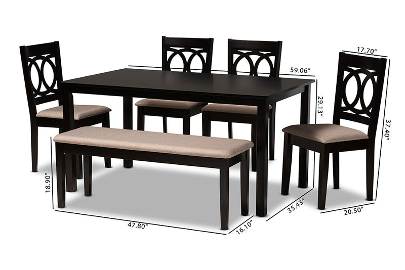 Alessa Sand Fabric Upholstered and Dark Brown 6-Piece Dining Set Baxton