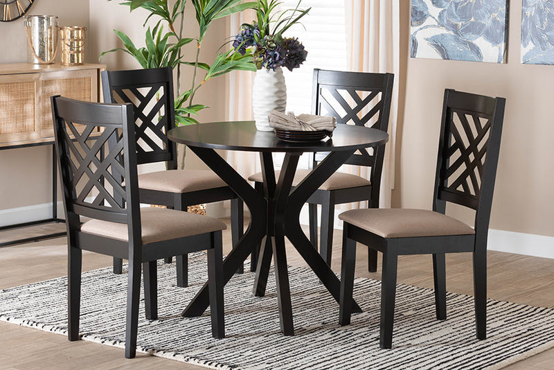 Michio Modern Sand Fabric and Dark Brown 5-Piece Dining Set Baxton