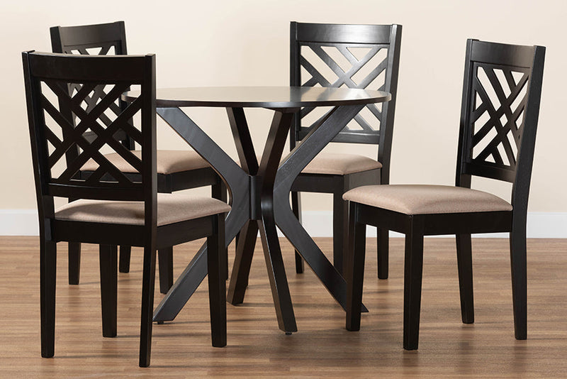 Michio Modern Sand Fabric and Dark Brown 5-Piece Dining Set Baxton