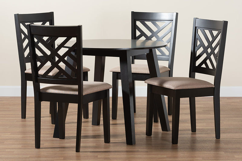 Kagama Modern Beige Fabric and Dark Brown 5-Piece Dining Set Baxton