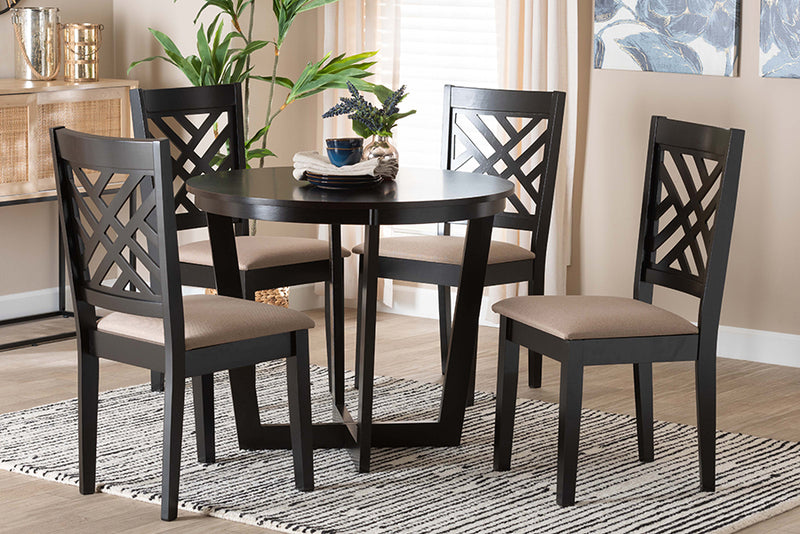 Siskal Modern Sand Fabric and Dark Brown Finished Wood 5-Piece Dining Set