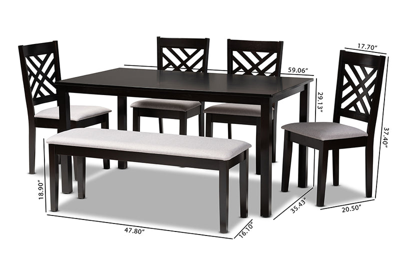 Crayton Modern and Contemporary Gray Fabric Upholstered and Dark Brown Finished Wood 6-Piece Dining Set