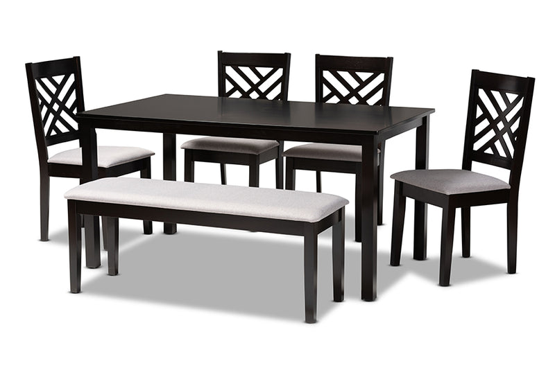 Crayton Modern and Contemporary Gray Fabric Upholstered and Dark Brown Finished Wood 6-Piece Dining Set