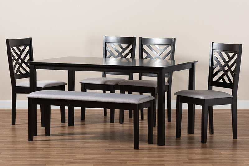 Crayton Modern and Contemporary Gray Fabric Upholstered and Dark Brown Finished Wood 6-Piece Dining Set