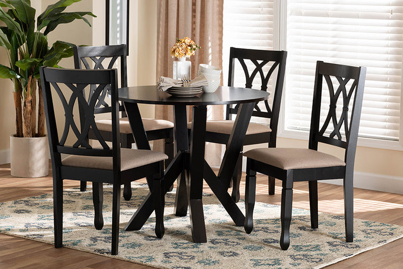 Nefeli Modern Sand Fabric and Dark Brown 5-Piece Dining Set Baxton