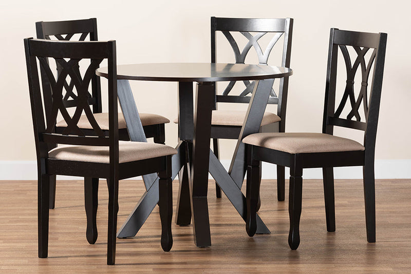 Nefeli Modern Sand Fabric and Dark Brown 5-Piece Dining Set Baxton