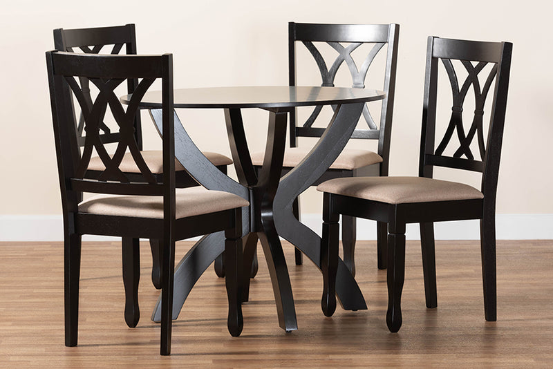 Amira Modern Sand Fabric and Dark Brown Finished Wood 5-Piece Dining Set