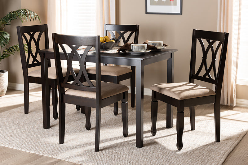 Asgart Modern and Contemporary Sand Fabric Upholstered Espresso Brown Finished Wood 5-Piece Dining Set