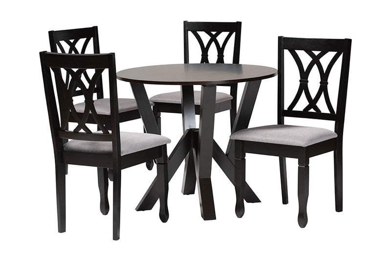 Nefeli Modern Gray Fabric and Dark Brown 5-Piece Dining Set Baxton