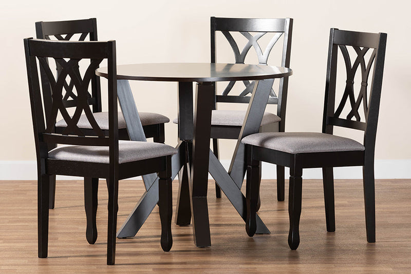 Nefeli Modern Gray Fabric and Dark Brown 5-Piece Dining Set Baxton
