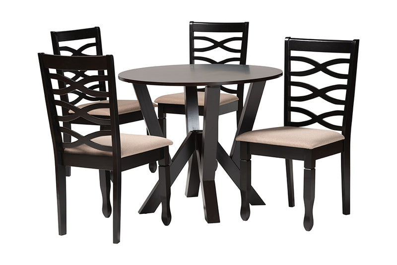 Betiana Modern Sand Fabric and Dark Brown Finished Wood 5-Piece Dining Set