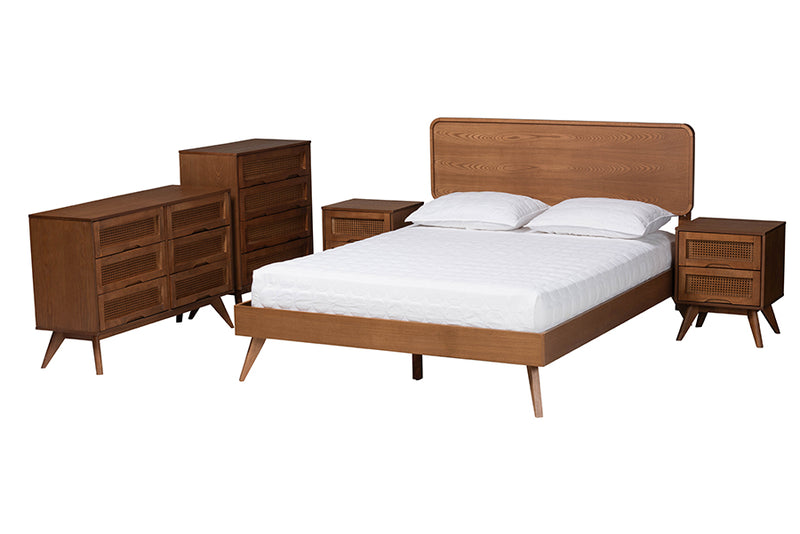 Castello Mid-Century Modern Walnut Brown Finished Wood King Size 5-Piece Bedroom Set