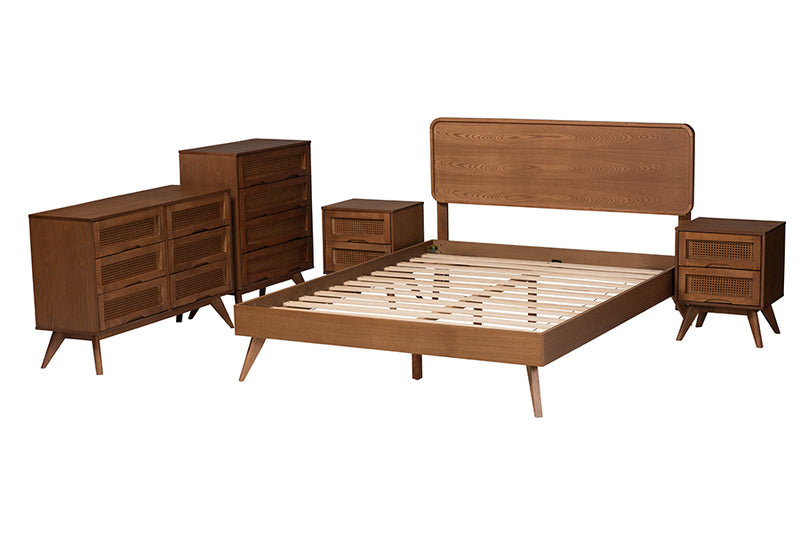 Castello Mid-Century Modern Walnut Brown Finished Wood Full Size 5-Piece Bedroom Set