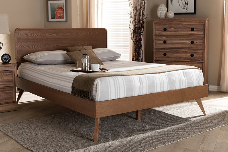 Castello Mid-Century Modern Walnut Brown Finished Wood Queen Size Platform Bed