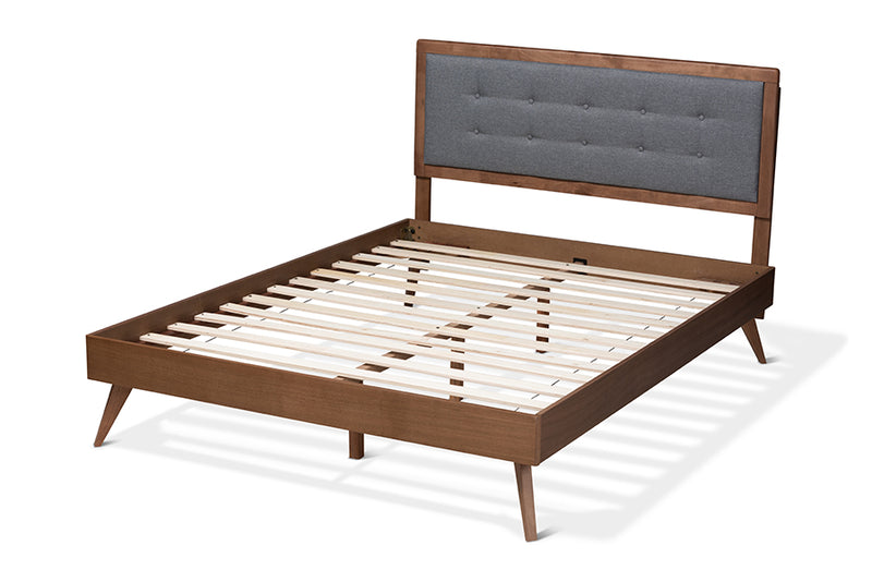 Lisette Mid-Century Modern Dark Gray Fabric Upholstered Walnut Brown Finished Wood Queen Size Platform Bed