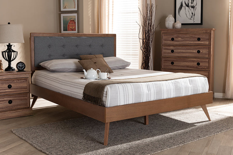 Lisette Dark Gray Fabric Upholstered Walnut Brown King Bed Baxton
