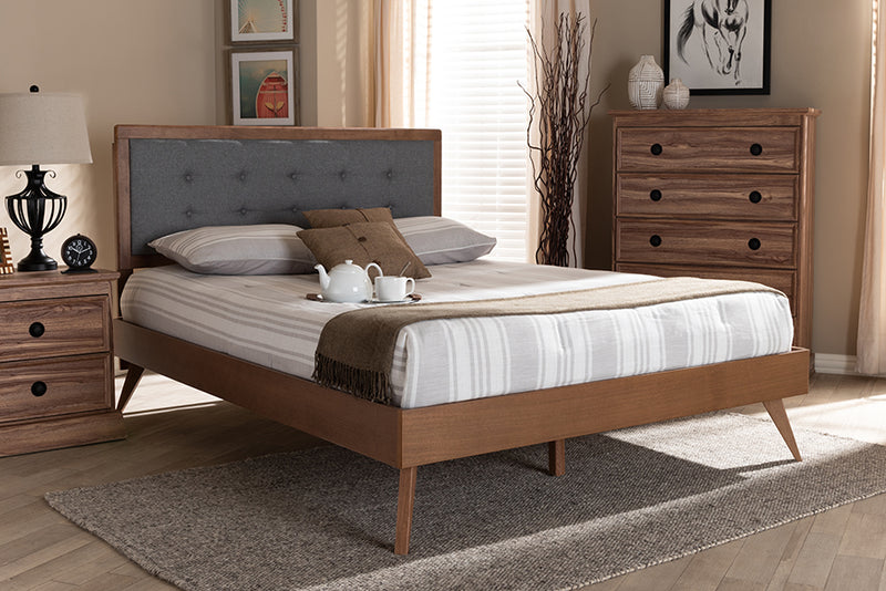 Lisette Mid-Century Modern Dark Gray Fabric Upholstered Walnut Brown Finished Wood Queen Size Platform Bed