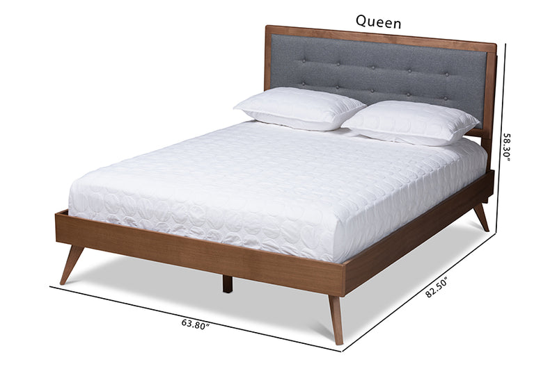 Lisette Mid-Century Modern Dark Gray Fabric Upholstered Walnut Brown Finished Wood Queen Size Platform Bed