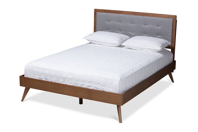 Lisette Mid-Century Modern Light Gray Fabric Upholstered Walnut Brown Finished Wood Full Size Platform Bed